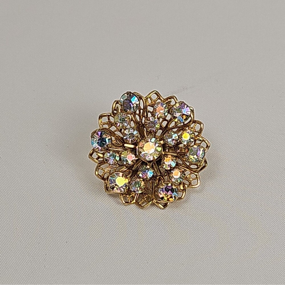 Vintage AB Rhinestone Floral Brooch Gold Tone Filigree